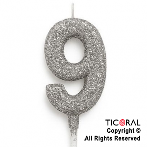 VELA NUMERAL CHICO 5.5 CM CON GIBRE PLATA NUMERO 9 x 1